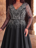 Plus Size Deep V-Neck Sequin Illusion Evening Gown - Satin Formal Dress with Long Sleeves & A-Line Skirt
