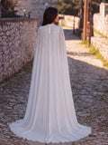 High Neck Beaded Cape Evening Gown | Open Back A-Line Chiffon Dress with Detachable Sleeves | Formal Occasion Dress for Weddings, Proms, Ceremonies