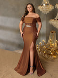 Plus Off-Shoulder Mermaid Gown with Ruching | Silver Belt & High Side Slit