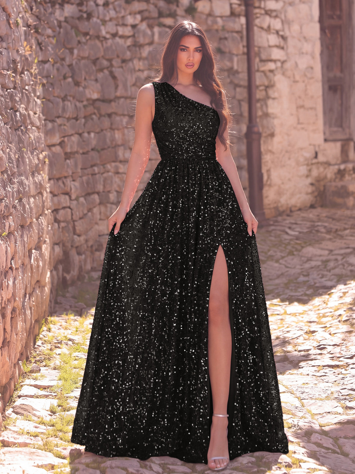 Elegant One Shoulder Sleeveless Sequin A Line Dresses