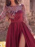 Elegant Women's Sequin Bodice Formal Gown | Long Sleeves | Full Flared Skirt