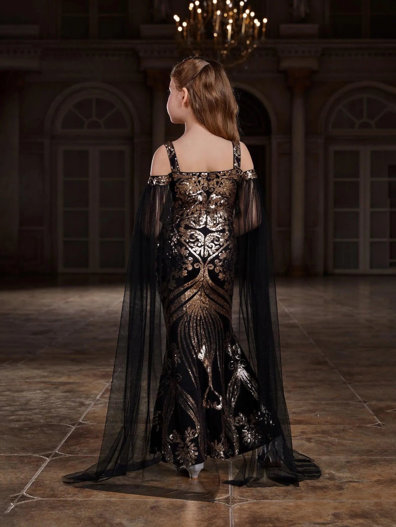 Tween Girls' Off Shoulder Cloak Sleeves Graphic Sequin Mermaid Dress - Elonnashop