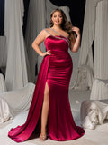 Plus Size Satin One-Shoulder Mermaid Evening Gown with High Slit & Rhinestone Chain