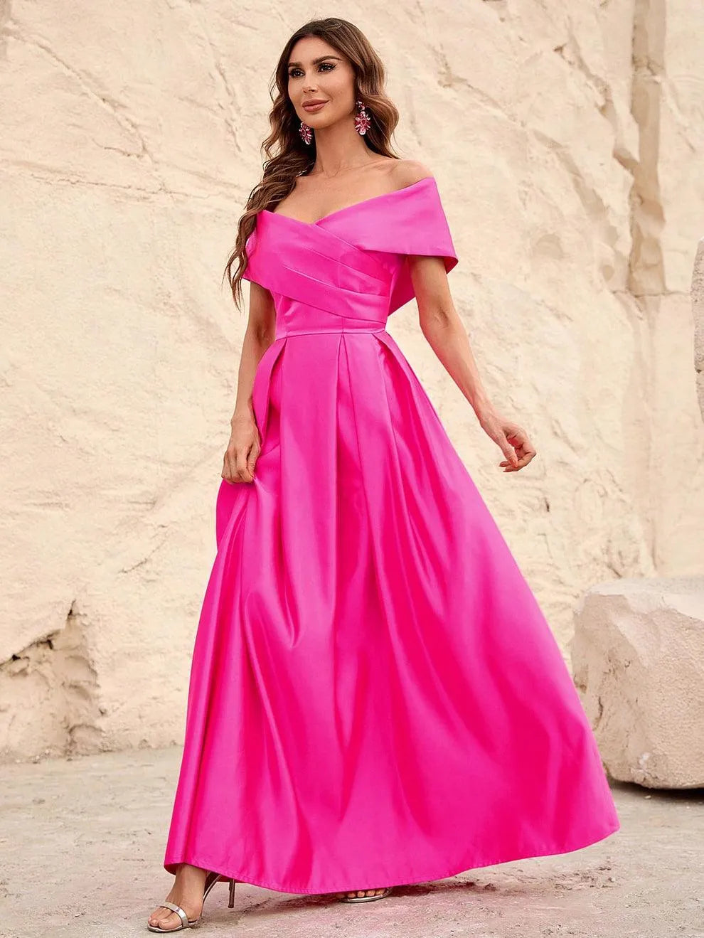 Off Shoulder Fold Pleated Detail Satin A Line Dress - Elonnashop
