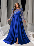 Plus Women's Sequin Bodice Formal Gown | Long Sleeves | Full Flared Skirt