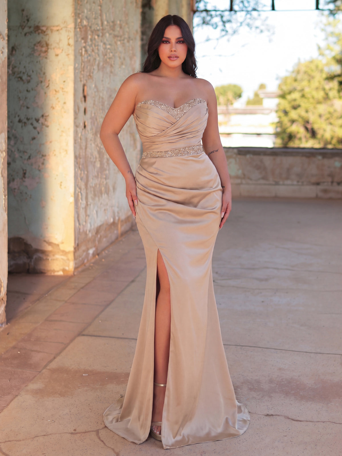 Plus Elegant Strapless Contrast Sequin Split Thigh Satin Mermaid Party Dress