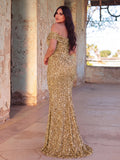 Plus Elegant Off Shoulder Split Sequin Mermaid Formal Dress