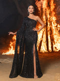 Elegant One Shoulder Long Sleeve Slit Sequin Dress