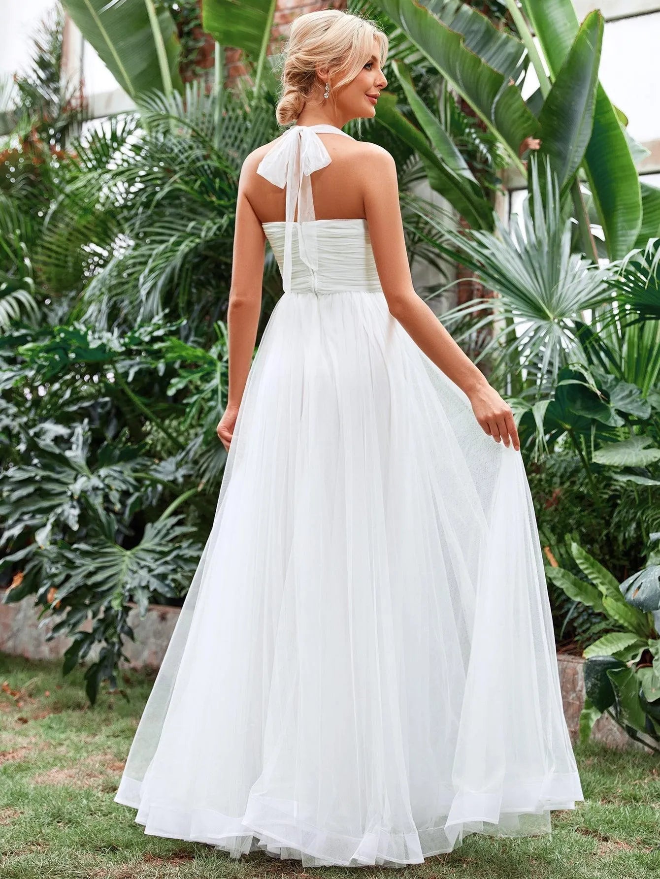 Halter Neck Applique Ruched Bustier Mesh Wedding Dress - Elonnashop