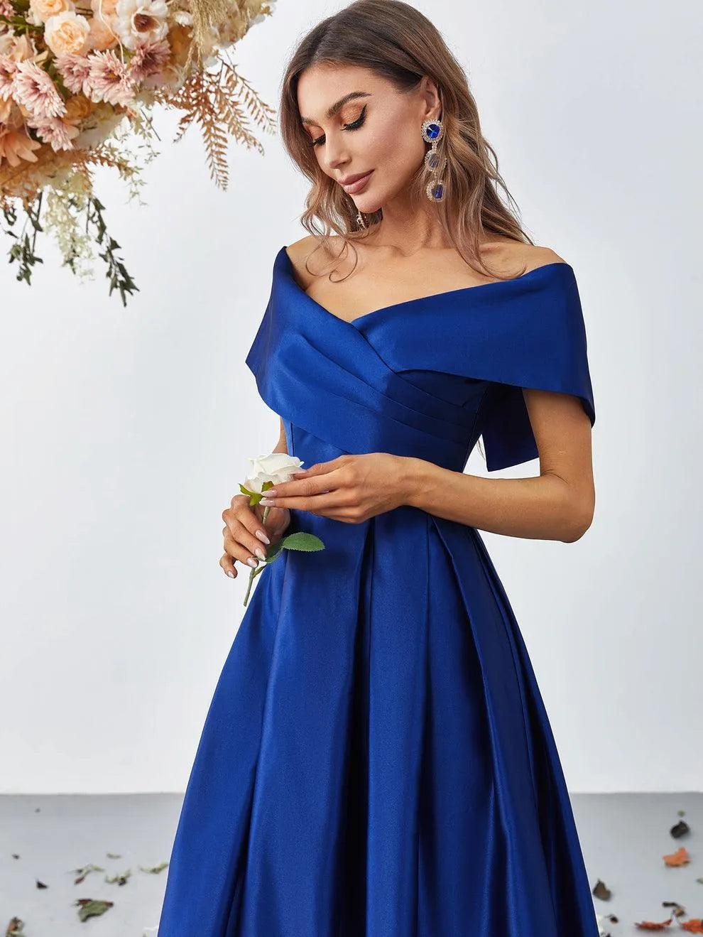 Off Shoulder Fold Pleated Detail Satin A Line Dress - Elonnashop