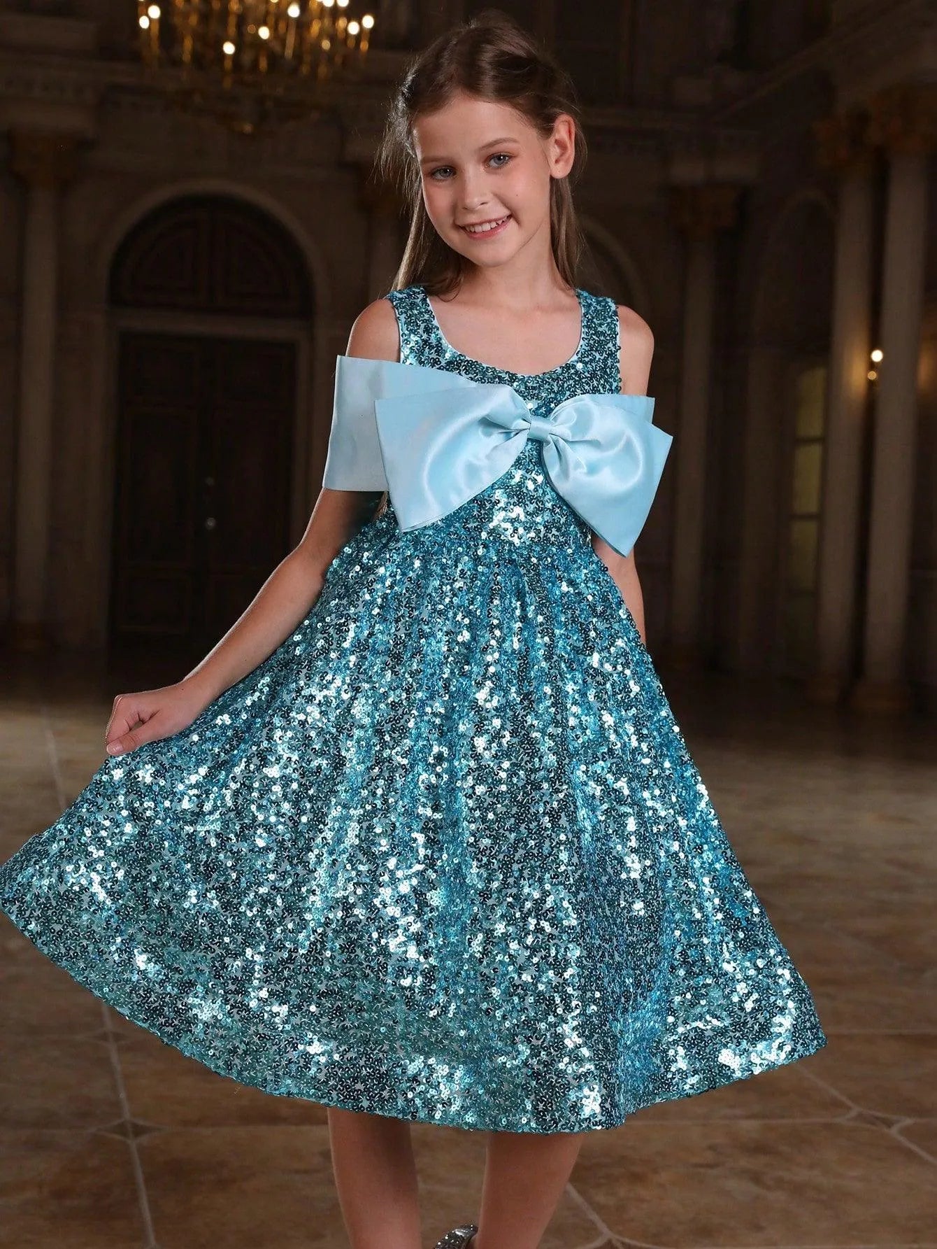 Tween Girls' Bow Detail Sequin Party Dress - Elonnashop