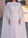 High Neck Beaded Cape Evening Gown | Open Back A-Line Chiffon Dress with Detachable Sleeves | Formal Occasion Dress for Weddings, Proms, Ceremonies