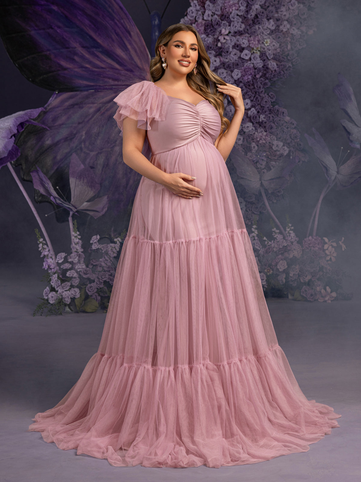 Plus Maternity Ruched Bust Layered Hem Mesh Ruffle Cami Dress