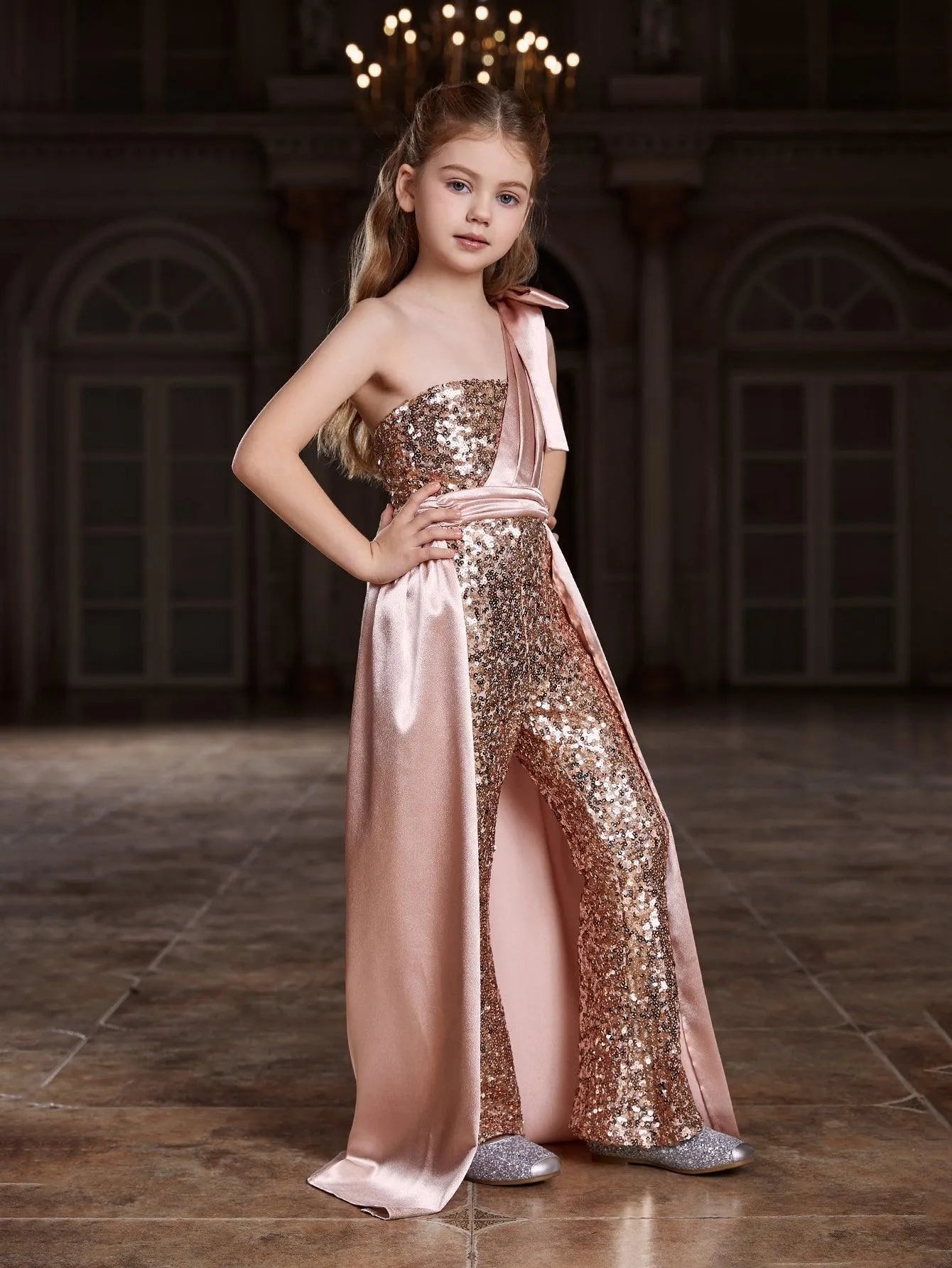 Tween Girls' One Shoulder Satin Overlay Sequin Jumpsuit - Elonnashop