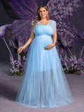 Plus Maternity  Plunging Neck Sleeveless Tulle Overlay Party Dress