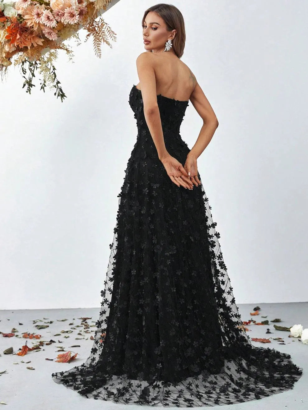 Elegant Floral Appliques Split Thigh Tube Dresses - Elonnashop