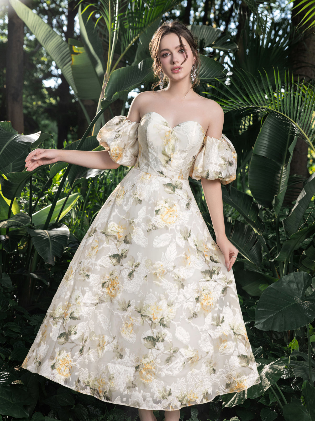 Midi Floral Jacquard Off-Shoulder Gown – Elegant Dress for Garden Galas, Spring Weddings & Formal Events