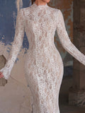 High Neck Long Sleeve Lace Maxi Dress | Sheer Illusion Mermaid Gown with Trumpet Sleeves & Open Back | Elegant Evening Dress for Formal Parties, Proms, Ceremonies