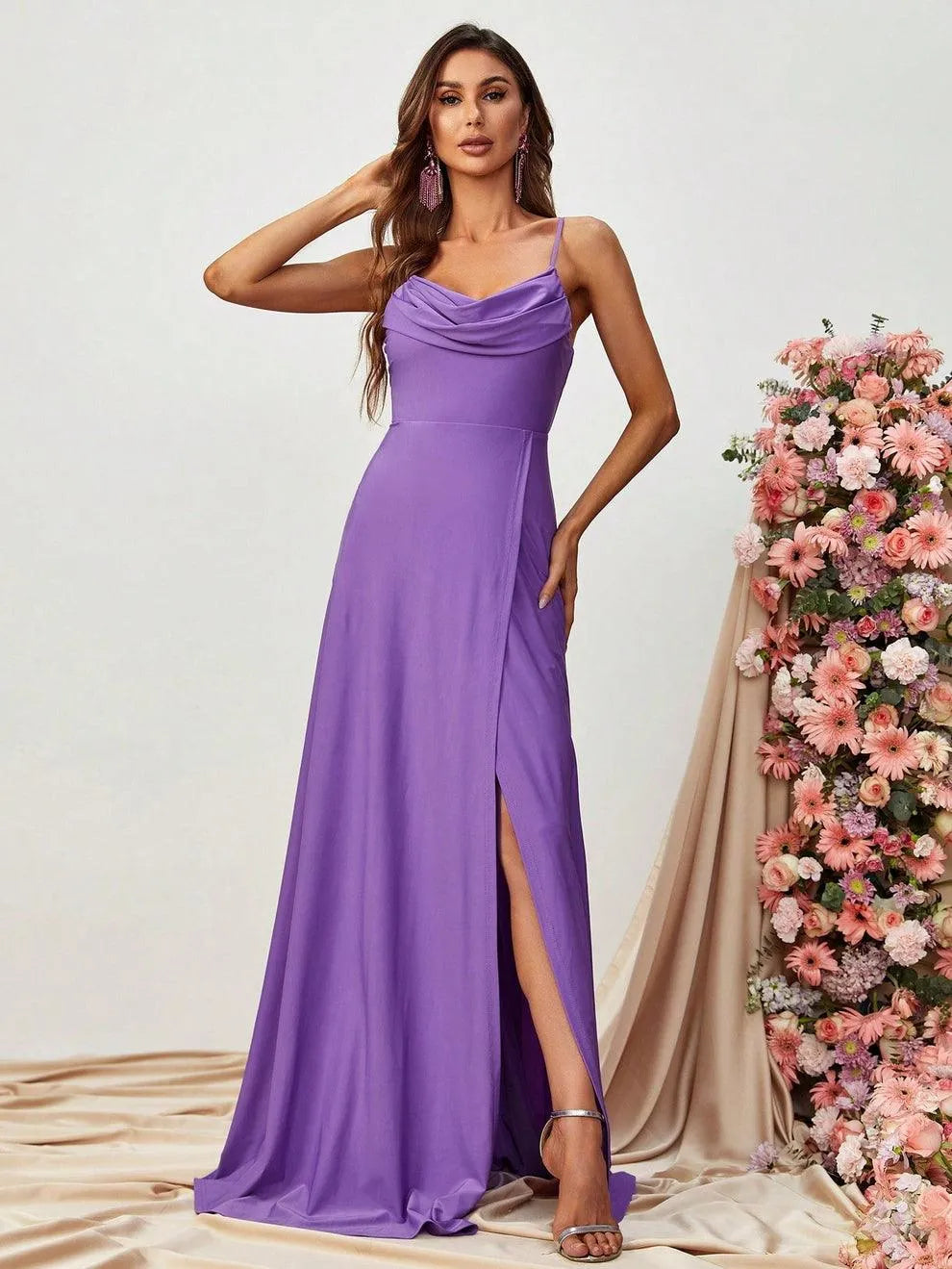 Spaghetti Strap Draped Collar A Line Dresses - Elonnashop
