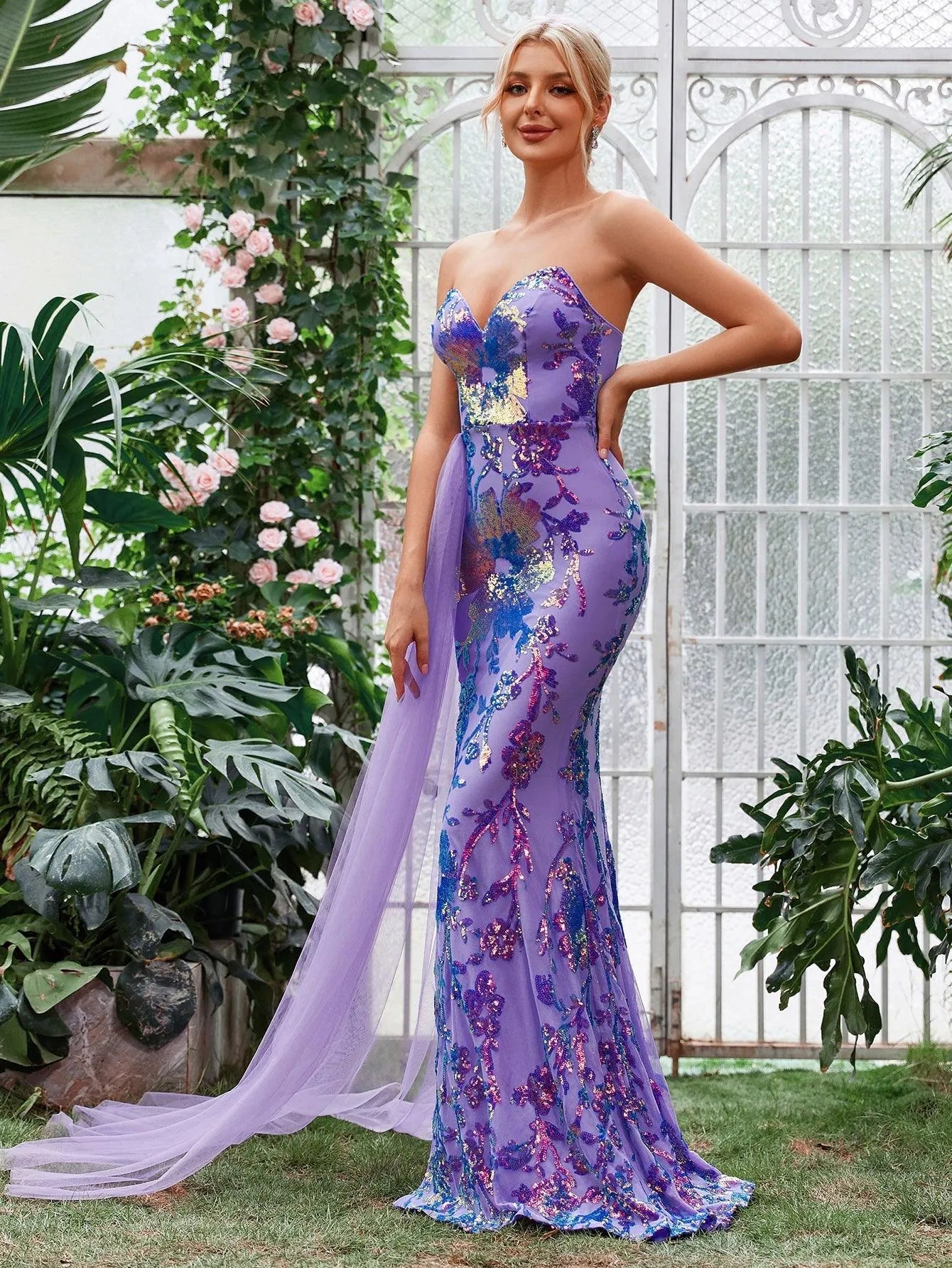 Draped Side Split Thigh Jacquard Sequin Tube Party Dress - Elonnashop