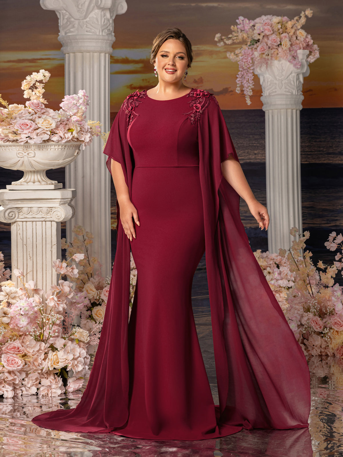 Plus Womens' Mermaid Silhouette Formal Dress with Flared Chiffon Sleeves & Floral Appliqué Detailing