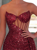 Sequin-Embellished Strapless Mermaid Gown with High Slit, Sweetheart Neckline & Cascading Train Detail | Glittering Maxi Dress for Evening Party & Formal Events