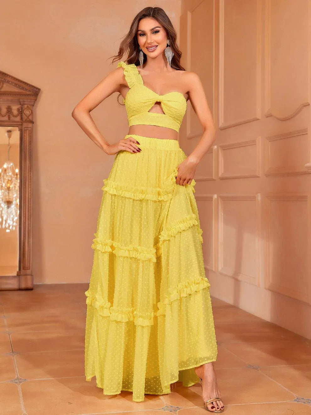 Swiss Dot One Shoulder Crop Top & Chiffon Skirt - Elonnashop