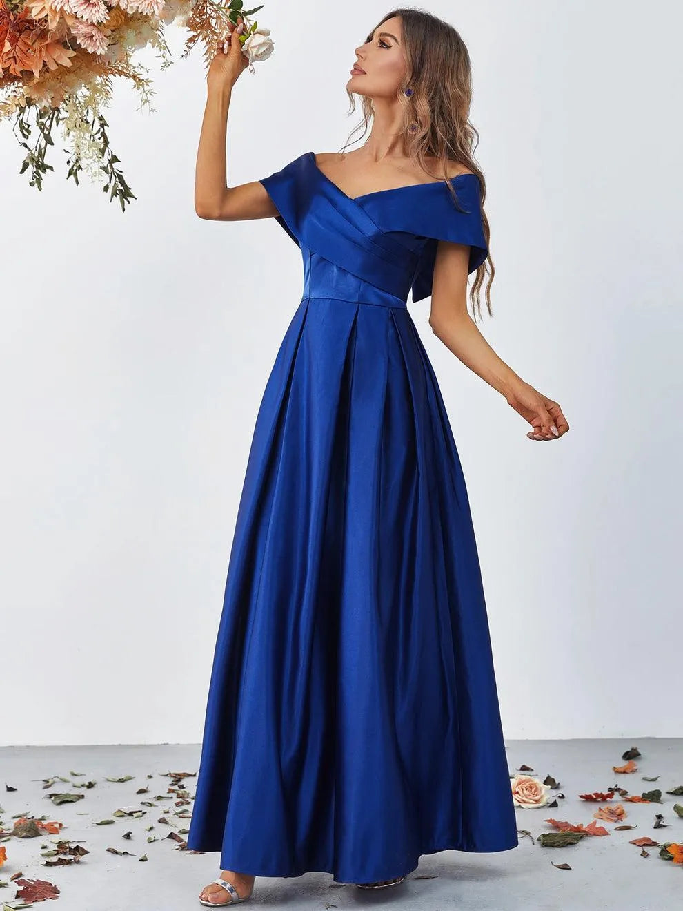 Off Shoulder Fold Pleated Detail Satin A Line Dress - Elonnashop