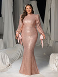 Plus Luxury Sequin Mock Neck Lantern Sleeves Mermaid Hem Formal Dress