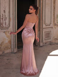 Strapless Satin Mermaid Gown with Asymmetric Draping & Ruched Waist Detail | Elegant Maxi Dress for Evening Party & Formal Occasions