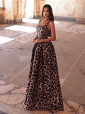 Leopard Print Sleeveless Maxi Dress with Square Neckline, Tie Back & Flowy Skirt | Vintage-Inspired Evening Gown for Party & Formal Occasions