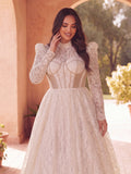 Plus Gorgeous Mock Neck Long Sleeves Ball Hem Lace Wedding Dress