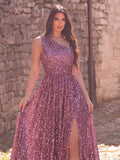 Elegant One Shoulder Sleeveless Sequin A Line Dresses