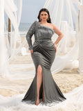 Plus Elegant One-Shoulder Thigh Slit Sequin & Velvet Mermaid Dress with Feather Accents