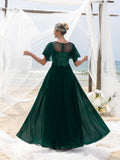 Womens' Elegant Lace Floor-Length Evening Gown for Mother of the Bride – Flared Short Sleeves, Chest-to-Waist Lace Motifs, Voluminous Flowing Skirt for Beach Coastal Weddings & Family Gatherings