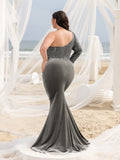 Plus Elegant One-Shoulder Thigh Slit Sequin & Velvet Mermaid Dress with Feather Accents