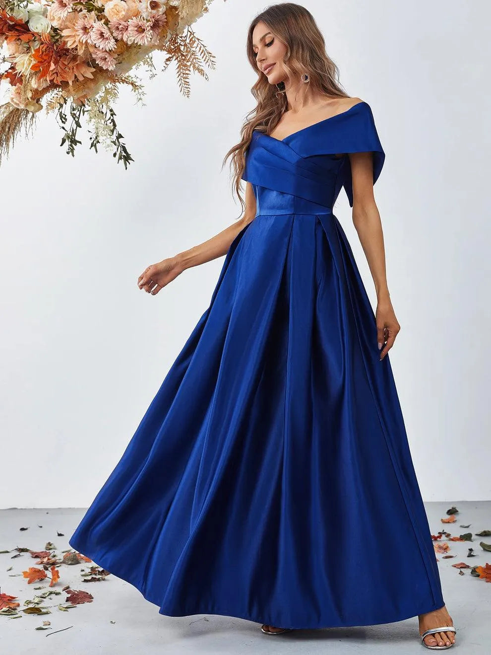Off Shoulder Fold Pleated Detail Satin A Line Dress - Elonnashop