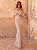 Luxury Off-Shoulder Pearl Beaded Gown | Tulle Ruffle Mermaid Silhouette with High Slit & Corset Back | Formal Evening Dress for Weddings, Galas, Prom