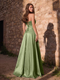 Elegant Strapless Satin Maxi Dress with High Front Slit, Open Back Lace-Up Corset, Flowy A-Line Skirt for Galas, Weddings, Prom