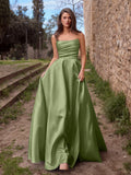 Elegant Strapless Satin Maxi Dress with High Front Slit, Open Back Lace-Up Corset, Flowy A-Line Skirt for Galas, Weddings, Prom
