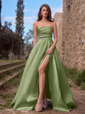 Elegant Strapless Satin Maxi Dress with High Front Slit, Open Back Lace-Up Corset, Flowy A-Line Skirt for Galas, Weddings, Prom