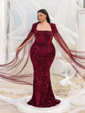Plus Square Neck Cape Sleeves Sequin Mermaid Dress