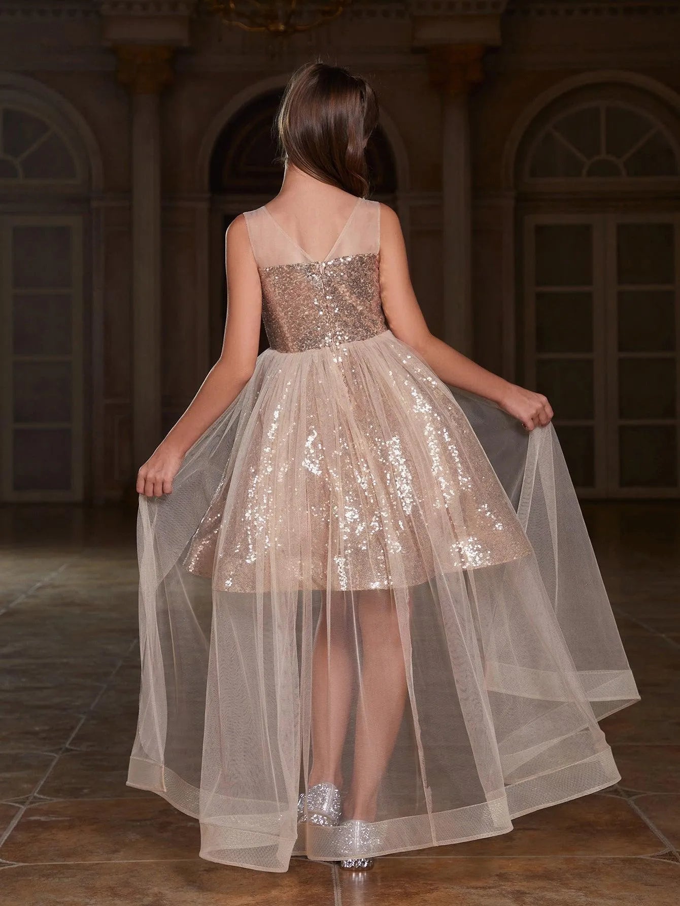 Tween Girls' Sleeveless Contrast Mesh Sequin Party Dress - Elonnashop