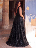 Plus Plunging Meck Backless Floral Sequin Prom Dress