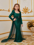 Tween Girls' Square Neck Mesh Overlay Sequin Party Dress
