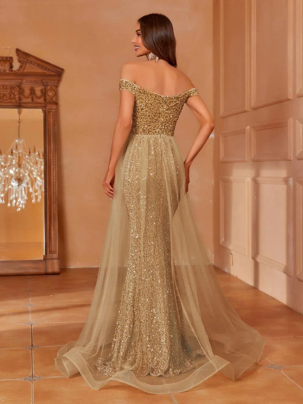 Off Shoulder Sequin Mermaid Dresses Mesh Layer On Waist - Elonnashop