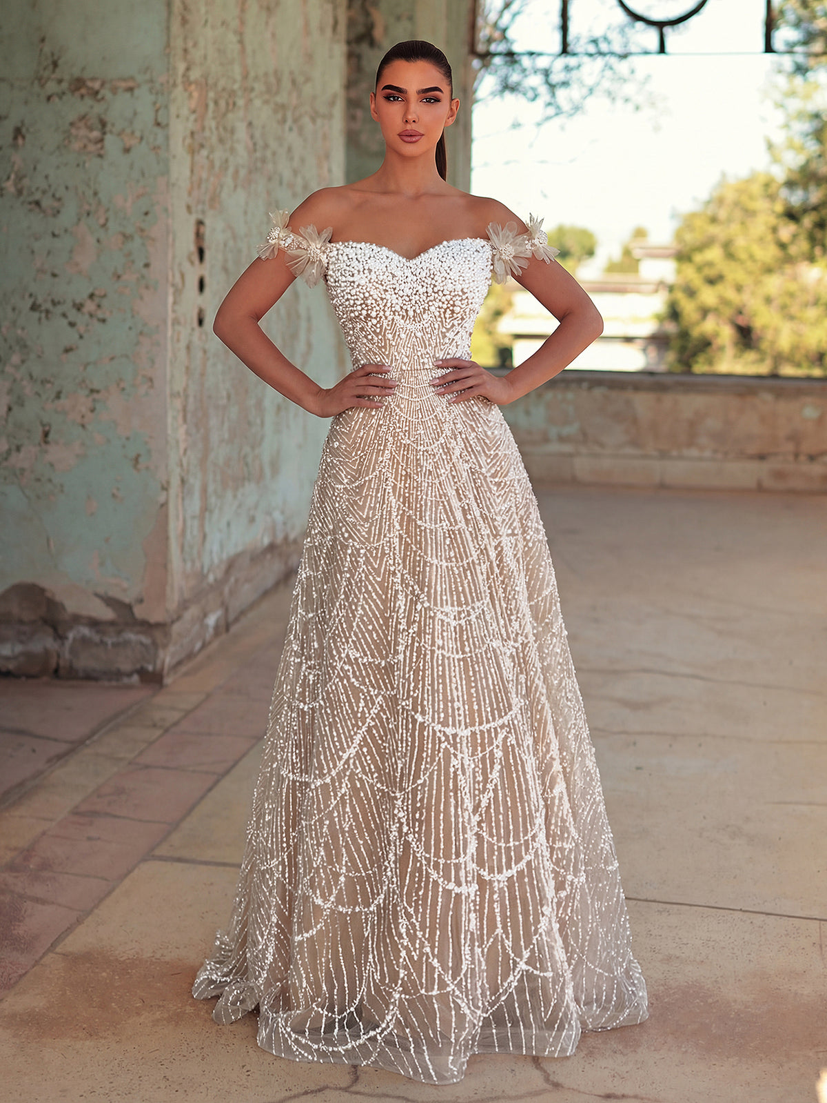 Beaded Sequin Off-Shoulder Ball Gown with Floral Details & Sweetheart Neckline | Elegant Maxi Dress for Evening Party & Formal Events