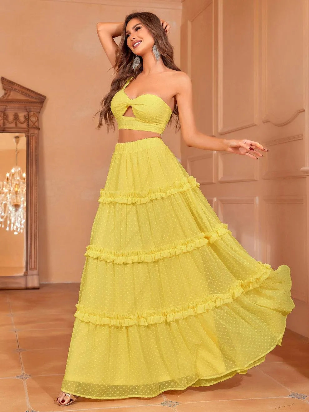 Swiss Dot One Shoulder Crop Top & Chiffon Skirt - Elonnashop