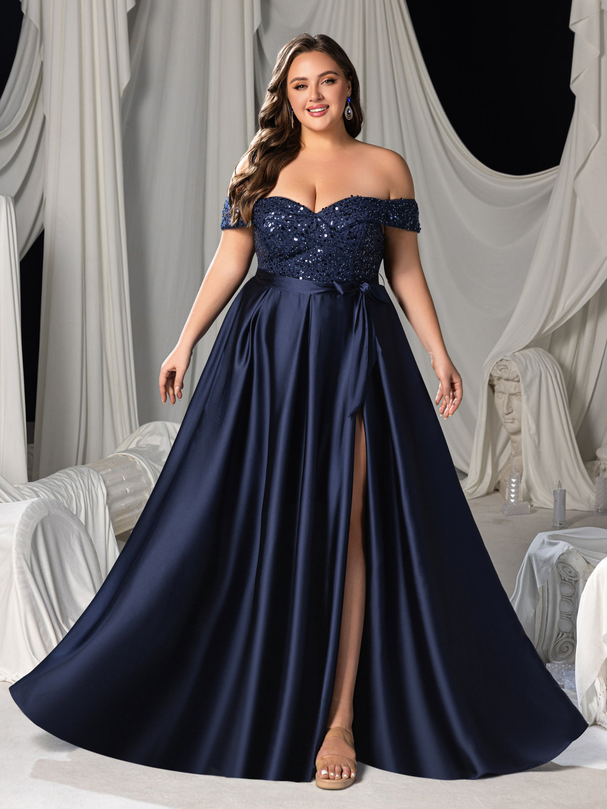 Plus Elegant Off-Shoulder Evening Gown with Sequin Embellishments – High Slit Satin Skirt & Back Zipper for Luxury Weddings or Evening Glam