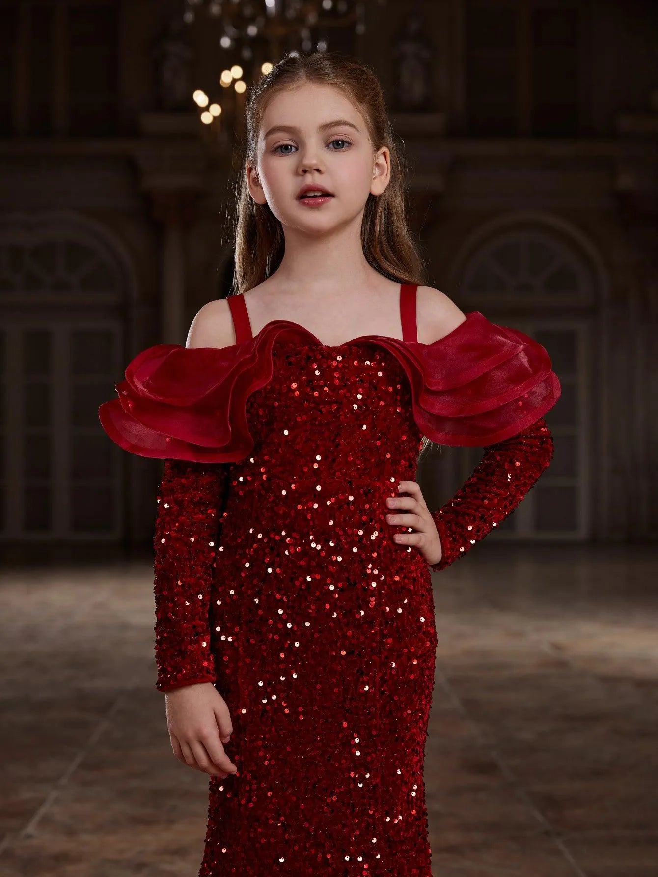 Tween Girls' Off Shoulder Ruffle Trim Sequin Mermaid Dress - Elonnashop